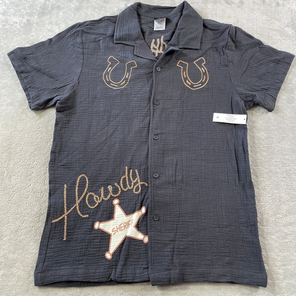 Toy Story 5 Woody Disney Camp Shirt Mens Medium Gray Button Western Embroidered